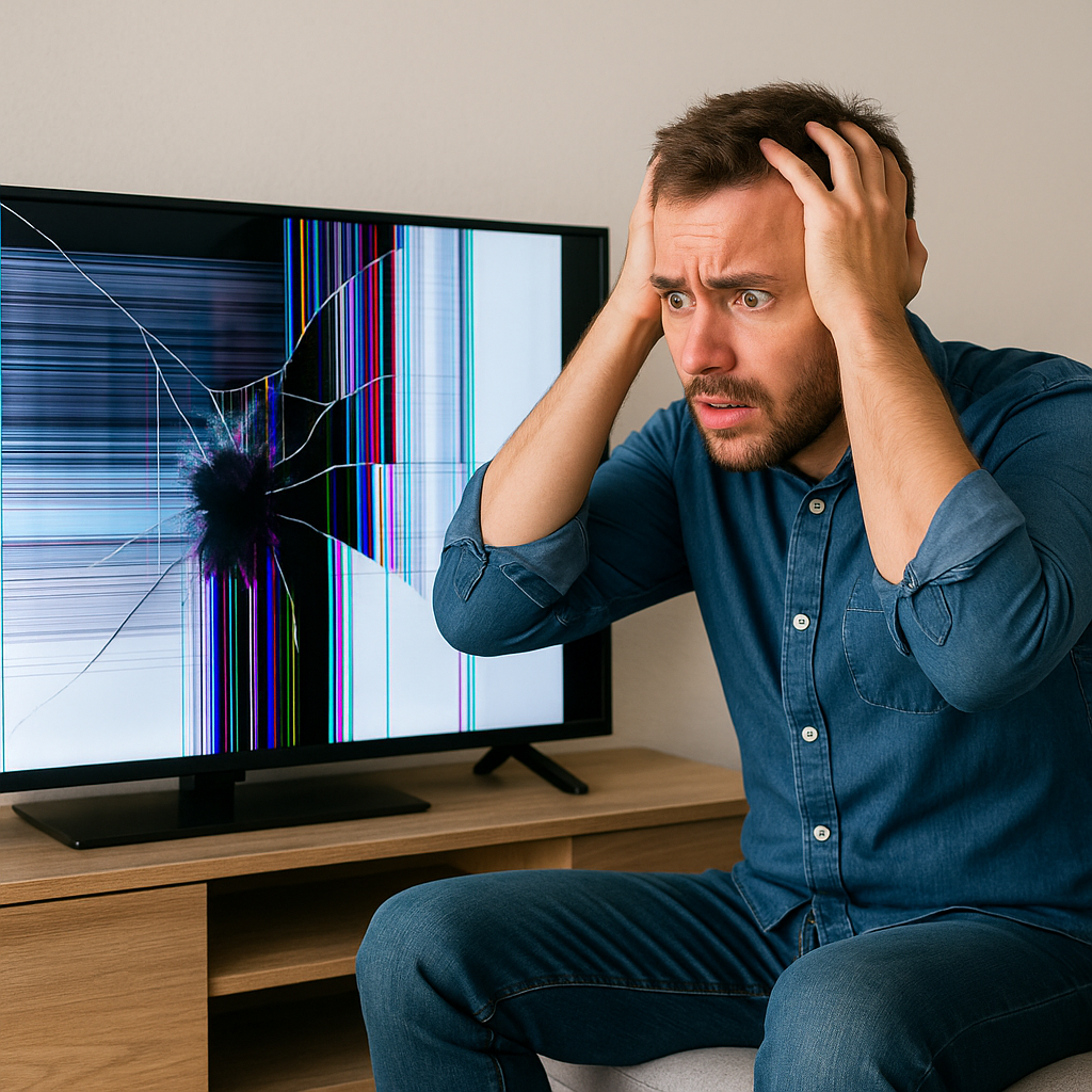 Een man zit met de handen in het haar voor een kapotte televisie – illustratie van een consument met een defect product, passend bij een klachtprocedure.