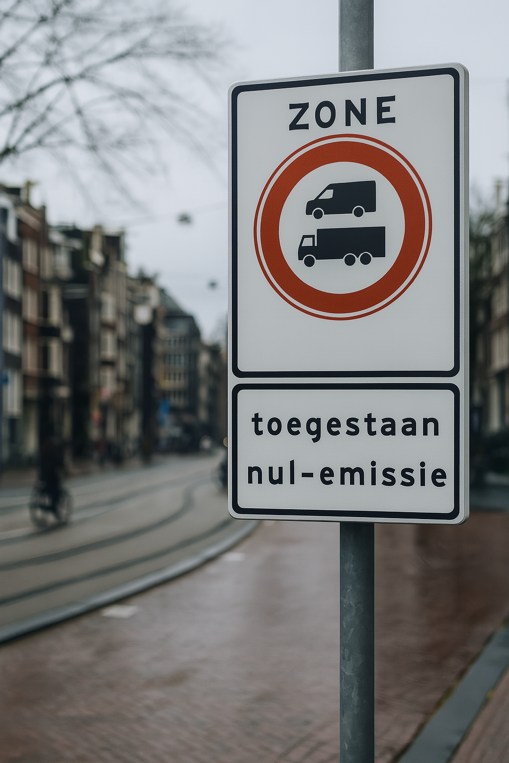Verkeersbord zero-emissiezone in Amsterdam met verbod op vervuilende bestelwagens