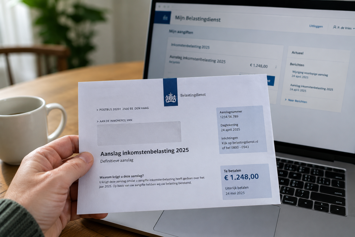 Brief met aanslag inkomstenbelasting van de Belastingdienst