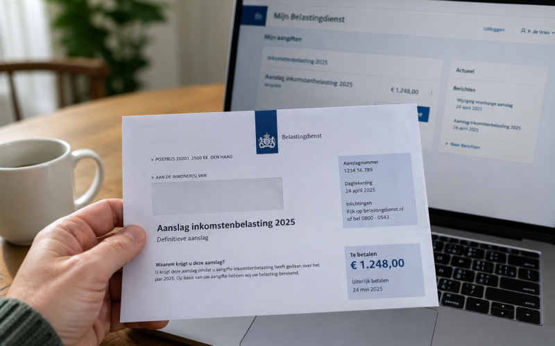 Brief met aanslag inkomstenbelasting van de Belastingdienst